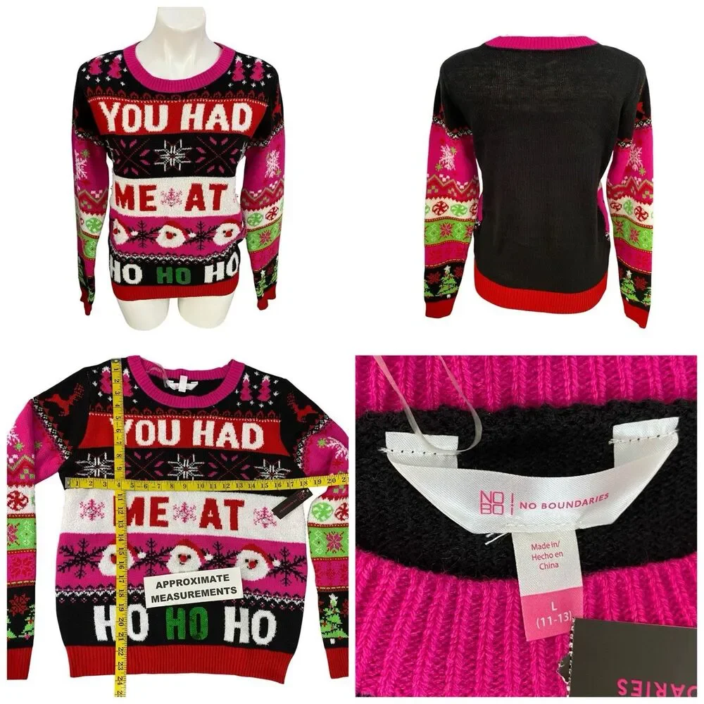 NOBO Ugly Christmas Sweater Jr Womens Large Kitch You Had Me At Ho Ho Ho Party